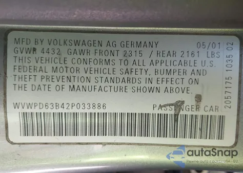 2002 Volkswagen Passat Gls из США, поврежденный, VIN WVWPD63B42P033886